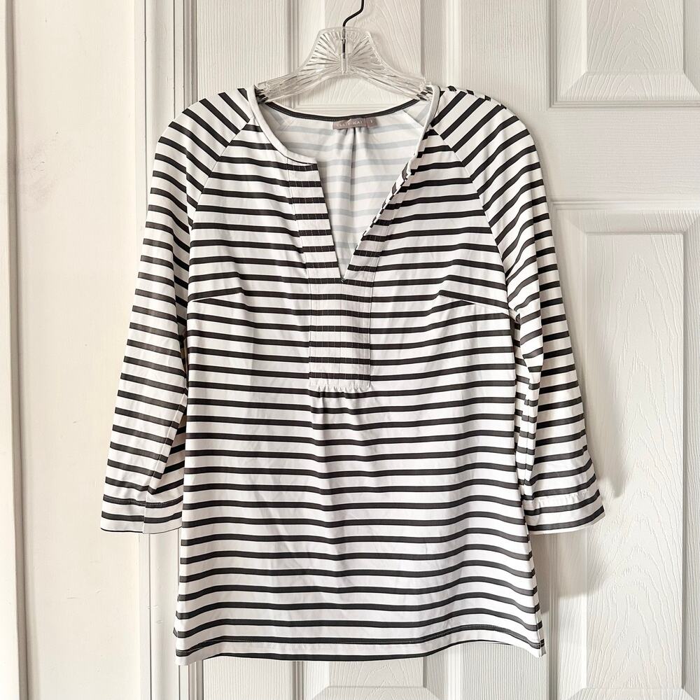 Ellie Kai Scuba Striped Black Blue Split Neck Stretch Blouse Nylon Spandex 2